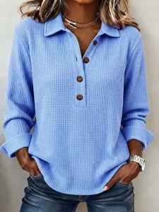 Casual waffle knit long sleeve button down top with lapel collar detail for women.