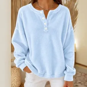 Women casual loose fleece pullover long sleeve henley shirt with white buttons light blue