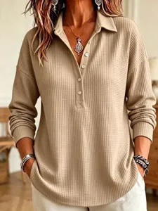 Women Waffle Knit Long Sleeve Polo Shirt Casual Fall Loose Pullover Top Beige Detail View