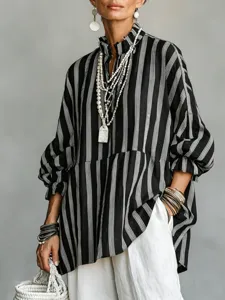 Black and white vertical striped stand collar loose casual women blouse top detail view
