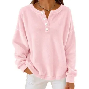 Women casual fleece henley pullover long sleeve sweatshirt in pink, front button design main view