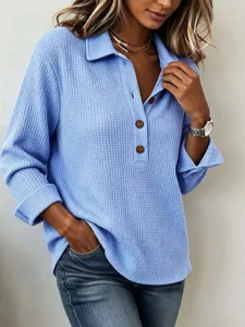 Women casual loose waffle knit lapel button long sleeve top for daily wear style.