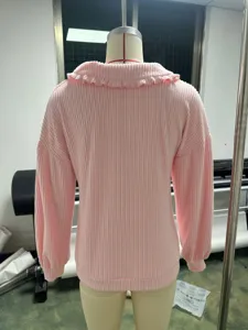 Women pink ribbed knit sweater ruffles crewneck long sleeve pullover top casual wear