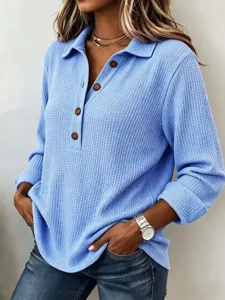 Women casual loose lapel button solid color waffle long sleeve top for autumn and winter