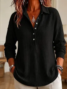 Women's waffle knit long sleeve henley shirt casual loose pullover top detail view.