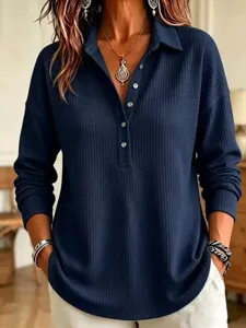 Women's waffle knit long sleeve polo shirt, solid navy blue casual loose pullover top.