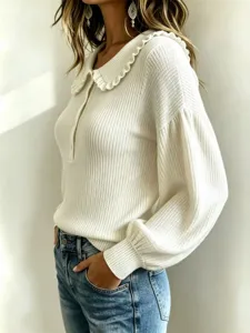 Women white ribbed knit sweater with chic ruffled collar, button front and long balloon sleeves.