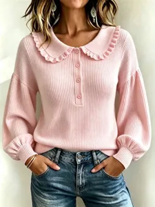 Pink ribbed knit sweater detail, cute ruffled collar and front buttons, long sleeves.