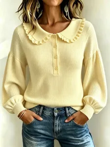 Women ruffled collar knit sweater detail, lantern sleeve pullover top in light yellow color.