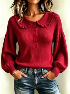 Women fall winter long sleeve ribbed knit sweater ruffled collar button casual top