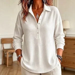 Women's Casual Waffle Knit Long Sleeve Turn Down Collar T-Shirt Loose Solid Color Button Up Tops