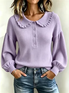 Purple knit sweater for women, cute ruffled collar long sleeve top, casual daily wear chic.