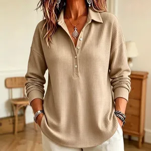 Women's Waffle Knit Long Sleeve Polo Shirt Casual Loose Fall Pullover Top Beige