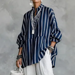 Women casual retro stand collar loose vertical striped long sleeve blouse shirt top main view
