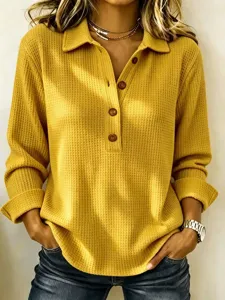 Women casual waffle knit long sleeve polo shirt with buttons stylish fall fashion top.