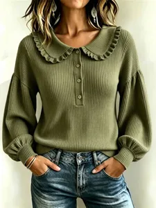 Women's olive green ribbed knit sweater with ruffled collar and lantern sleeves for autumn.