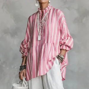 Women's pink and white vertical striped loose casual long sleeve stand collar blouse top.