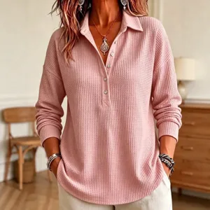 Stylish Women's Waffle Knit Long Sleeve Polo Shirt Casual Loose Pullover Top Fall Winter
