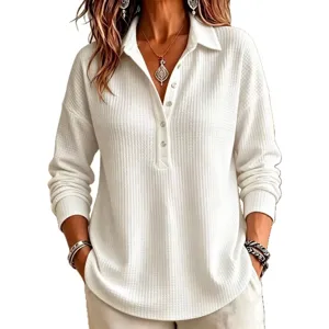 Women Waffle Knit Long Sleeve Polo Shirt Casual Loose Fall Button Down Pullover Tops White