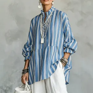 Chic blue white striped long sleeve blouse, casual stand collar loose top for women apparel.