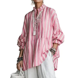 Women pink white striped loose blouse vintage ruffles stand collar long lantern sleeve top