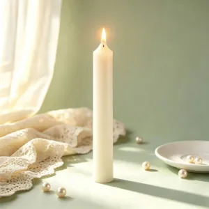 Handgemachte weiße Stumpenkerze im Detail, elegante Wohnkultur und warme Tisch-Atmosphäre.
