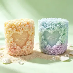 Handgemachte Rosen Herz Duftkerze Set mit elegantem Farbverlauf Pastellfarben Blumen Motiv.