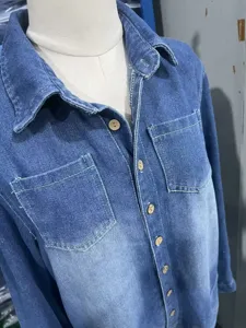 Women long sleeve denim jumpsuit with lapel collar and dual chest pockets casual style