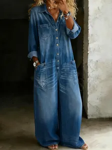Detailed view of women vintage blue denim wide leg jumpsuit featuring lapel collar and chic pockets.