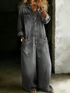 Women's Vintage Long Sleeve Lapel Denim Jumpsuit Streetwear Casual Wide Leg Pants