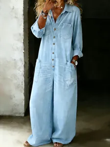 Retro denim jumpsuit for women, long sleeve lapel utility wide leg casual streetwear.