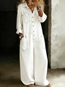 White denim jumpsuit detail, long sleeve lapel wide leg design, casual street style.