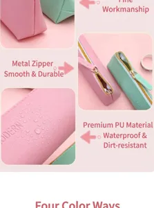 Detalle de estuche de cuero PU con cremallera metálica suave y material impermeable.