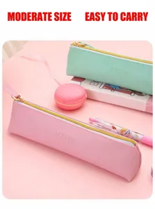 Estuche de lápices de cuero PU gran capacidad simple portátil caja de almacenamiento rosa
