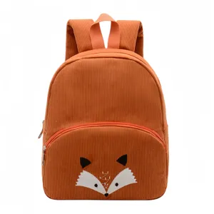 Zaino in velluto a coste arancione per bambini con design a volpe e spallacci confortevoli.