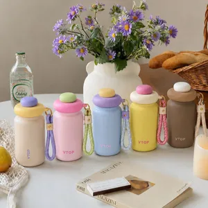 Portable Mini Stainless Steel Vacuum Flask Cute Thermos Water Bottle With Lanyard Macaron Color For Travel Office School