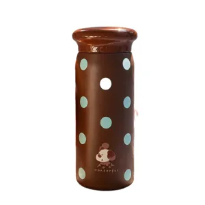 Mini insulated water bottle for girls, cute brown polka dot pocket thermos cup portable.