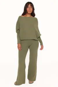 Olive green off-shoulder knit sweater and wide-leg pants two-piece set for women.