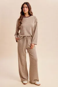 Detailed view of brown striped long sleeve top and wide leg pants lounge set style.