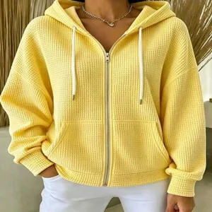 Women solid color yellow waffle knit full zip hooded sweatshirt casual loose outerwear