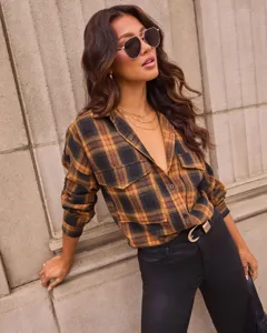 Retro color-block plaid shirt women loose lapel long-sleeve pocket casual cardigan top