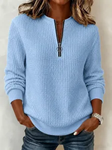 Women casual light blue waffle knit quarter zip long sleeve pullover sweater tops