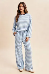 Blue and white striped long sleeve top and wide leg pants lounge set for women casual wear