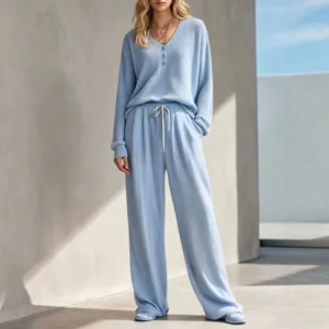Light blue waffle knit loungewear set, cozy long sleeve top and wide leg pants for daily relaxing.