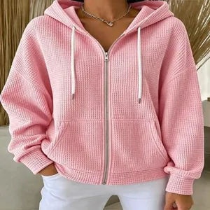 Women casual pink waffle knit hooded zip up cardigan loose long sleeve outerwear everyday wear