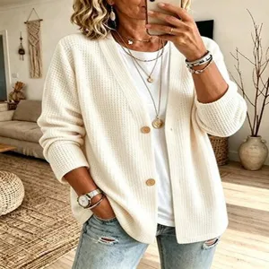 Detailansicht Damen einfarbige Waffelstrick Strickjacke, lockerer V-Ausschnitt Pullover.