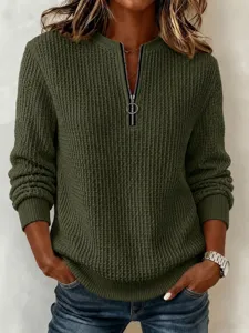 Women's Army Green Half Zip Waffle Knit Sweater Casual Long Sleeve Pullover Autumn