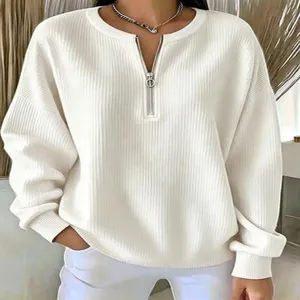 Women half zipper ribbed knit sweater casual loose drop shoulder solid long sleeve pullover