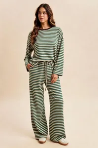 Detail shot of the striped loungewear set, featuring comfy long sleeves and wide-leg pants.