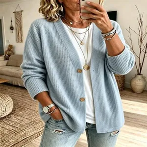 Damen Waffelstrick Cardigan lose V-Ausschnitt Strickjacke Freizeit einfarbige Oberbekleidung